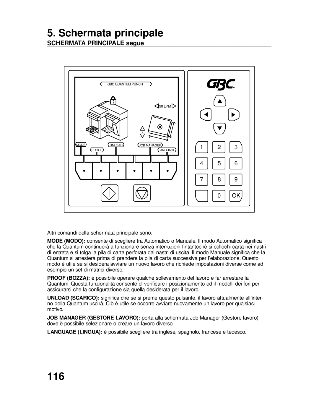 GBC P70IX manuel dutilisation 116, Schermata Principale segue 