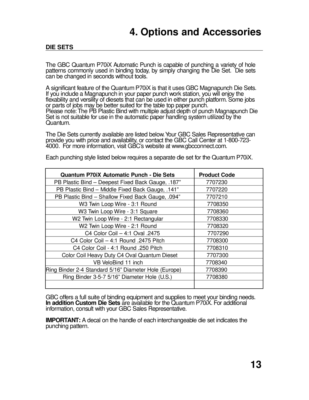 GBC P70IX manuel dutilisation Options and Accessories, DIE Sets 