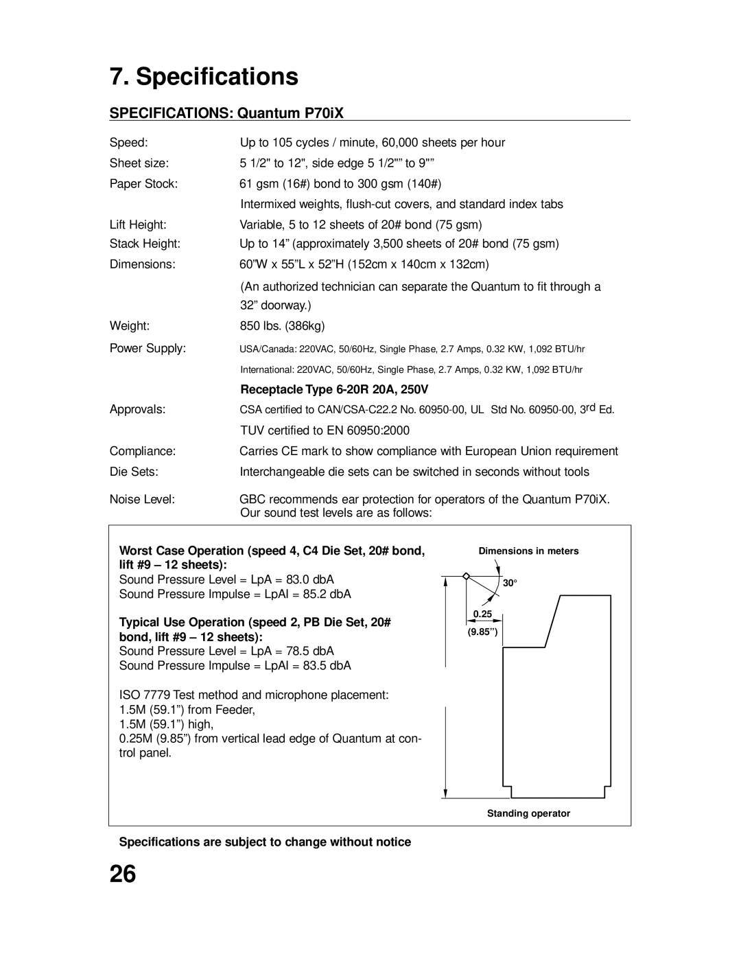 GBC P70IX Specifications Quantum P70iX, Receptacle Type 6-20R 20A, Specifications are subject to change without notice 