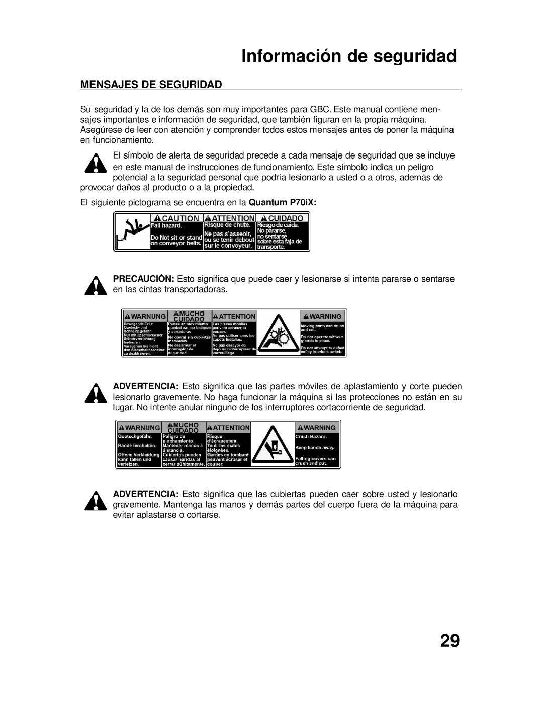 GBC P70IX manuel dutilisation Información de seguridad, Mensajes DE Seguridad 