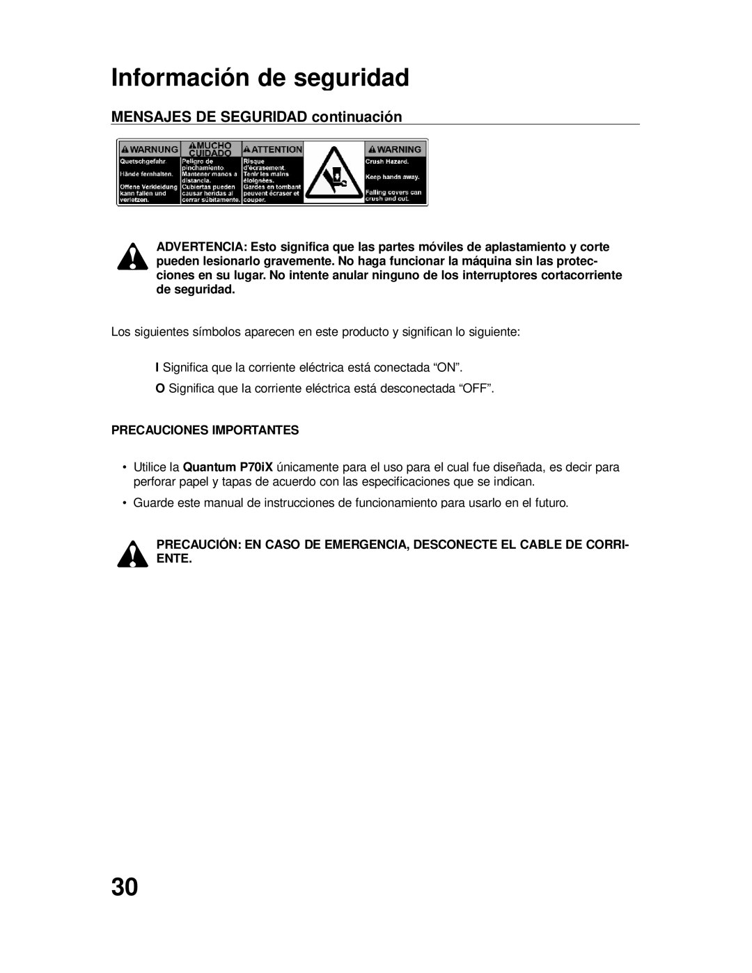 GBC P70IX manuel dutilisation Mensajes DE Seguridad continuación, Precauciones Importantes 