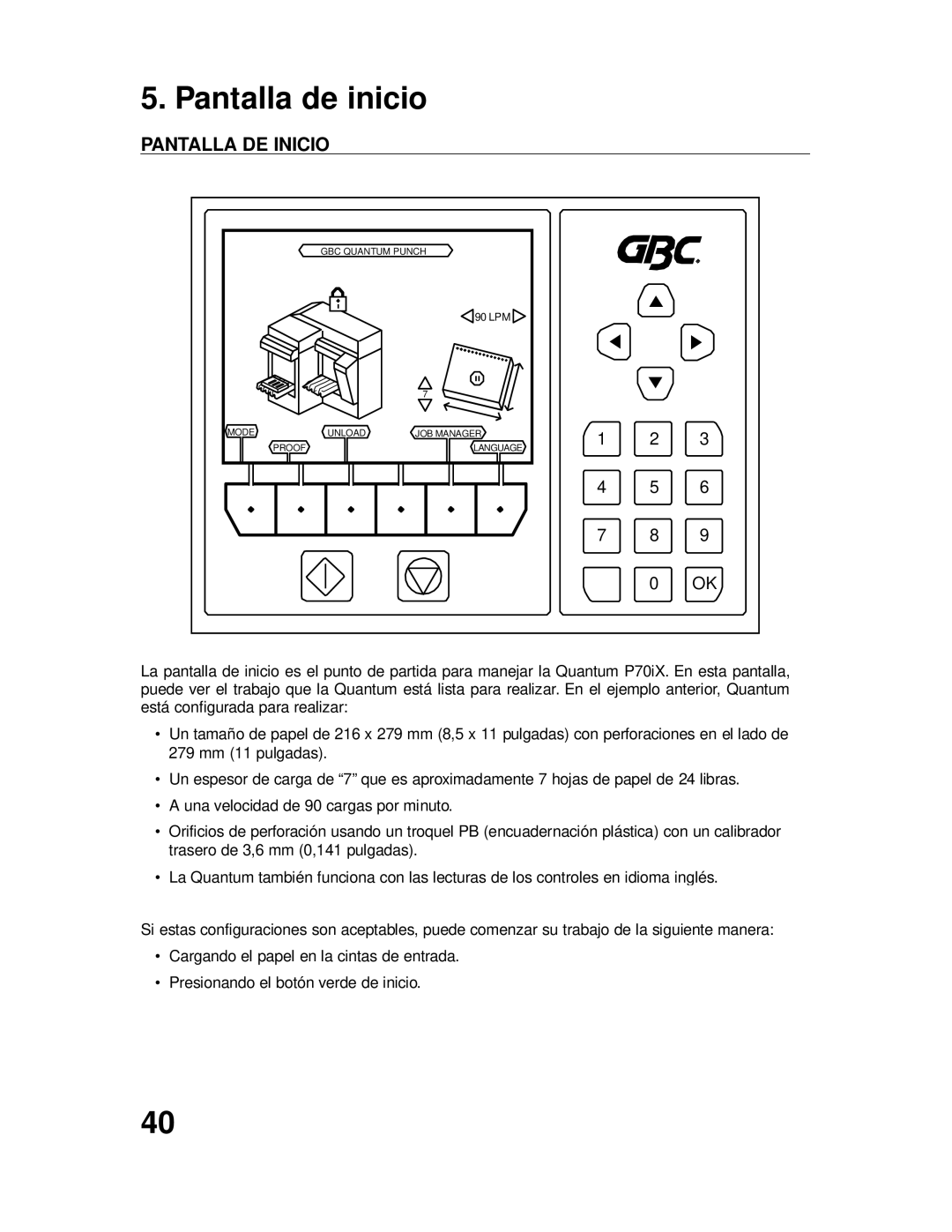 GBC P70IX manuel dutilisation Pantalla de inicio, Pantalla DE Inicio 