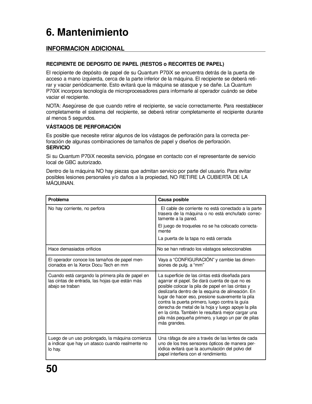 GBC P70IX Mantenimiento, Información Adicional, Recipiente DE Depósito DE Papel Restos o Recortes DE Papel 