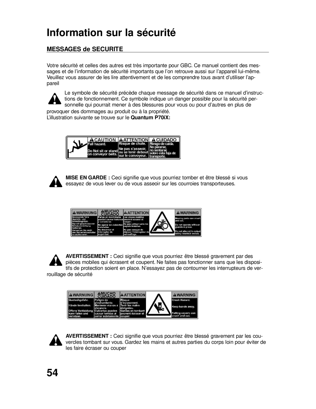 GBC P70IX manuel dutilisation Information sur la sécurité, Messages de Sécurité 