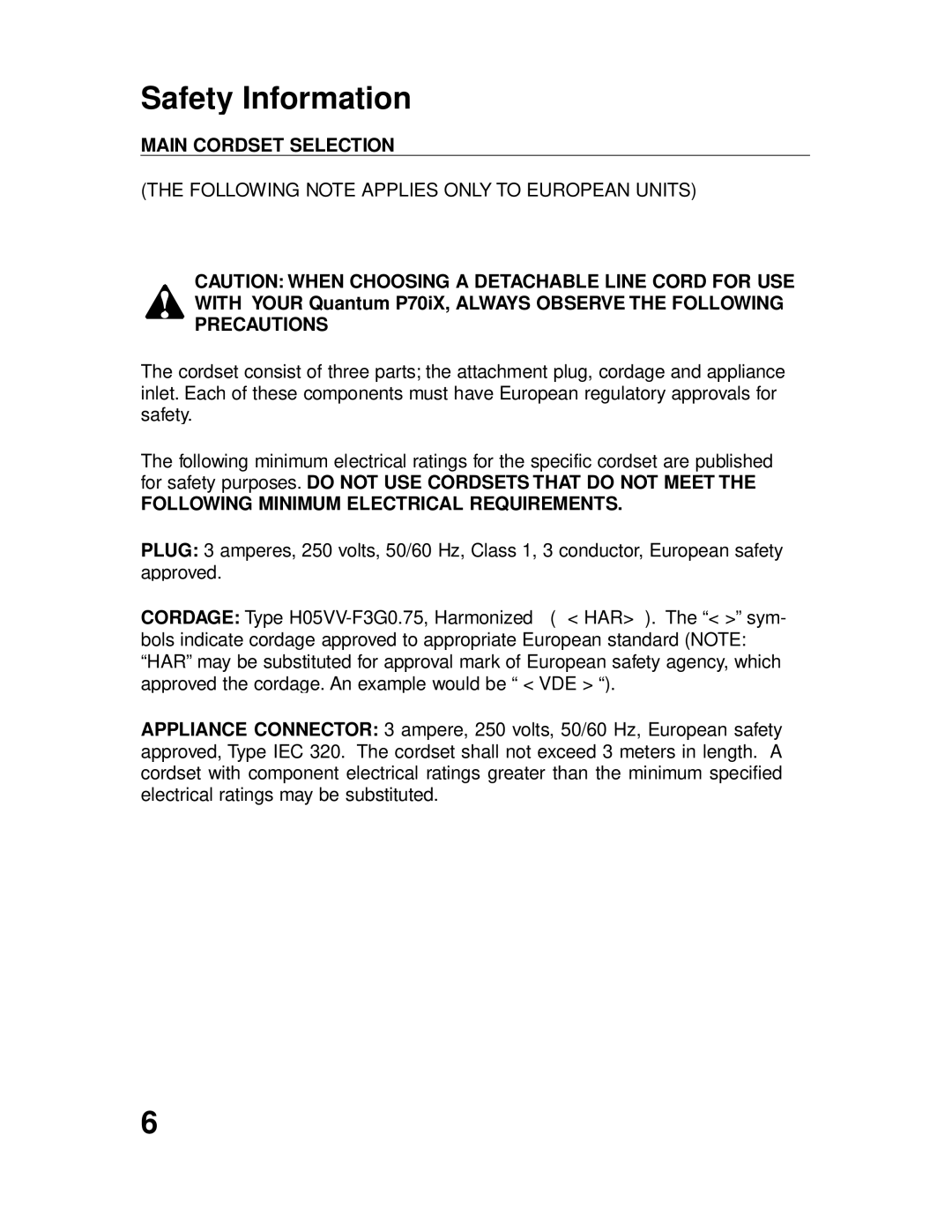 GBC P70IX manuel dutilisation Main Cordset Selection, Following Minimum Electrical Requirements 