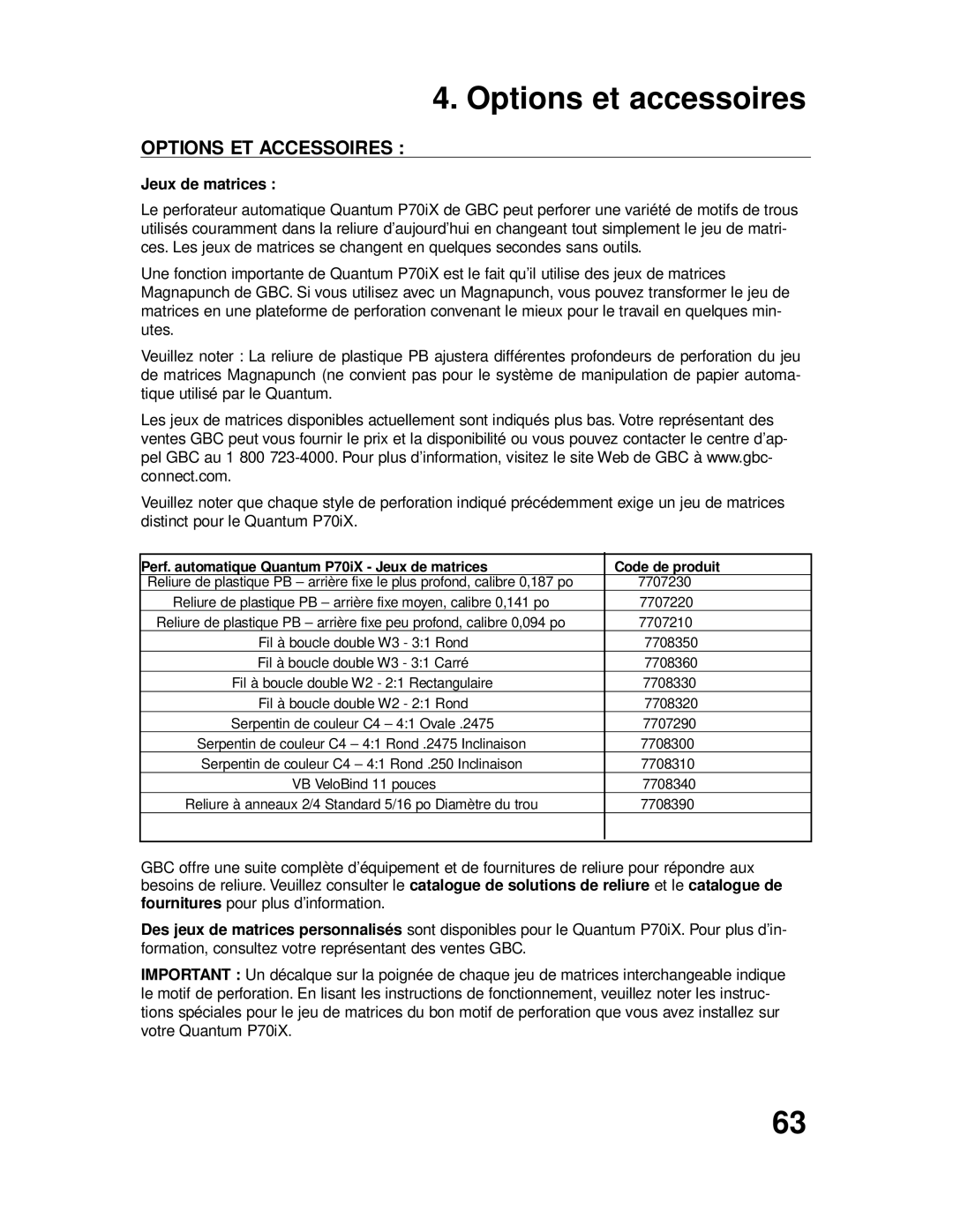 GBC P70IX manuel dutilisation Options et accessoires, Options ET Accessoires, Jeux de matrices 