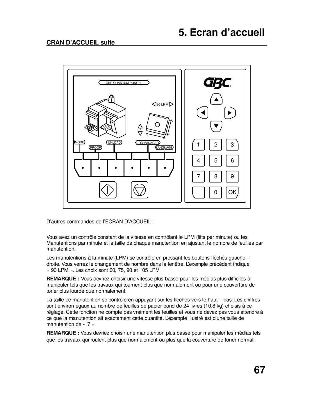 GBC P70IX manuel dutilisation Écran d’accueil, Cran D’ACCUEIL suite 