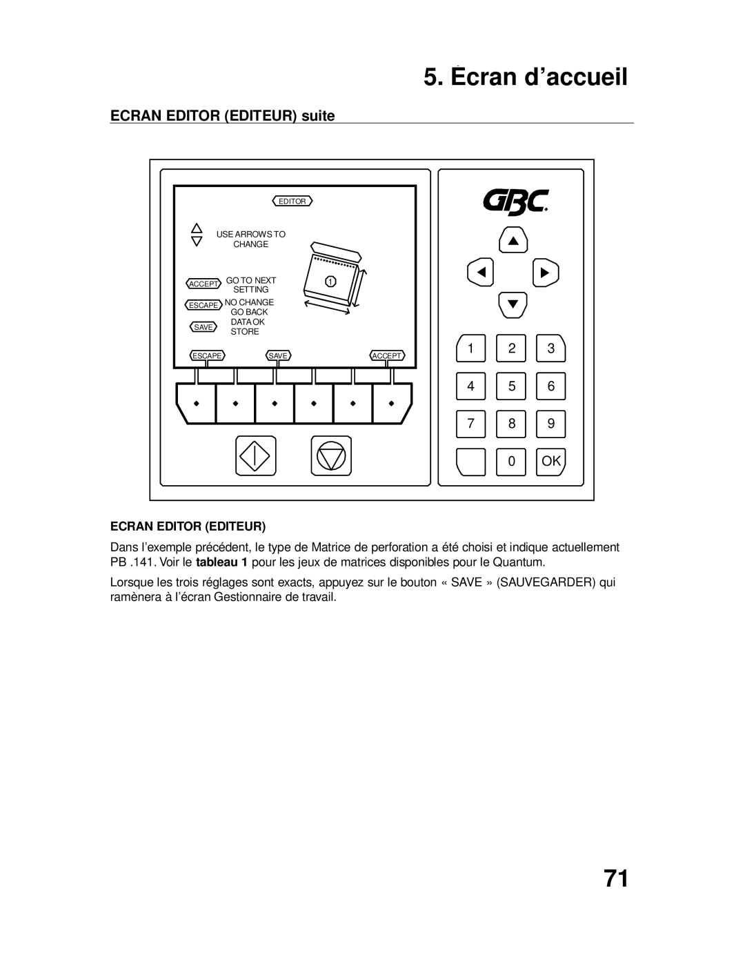 GBC P70IX manuel dutilisation Écran d’accueil 