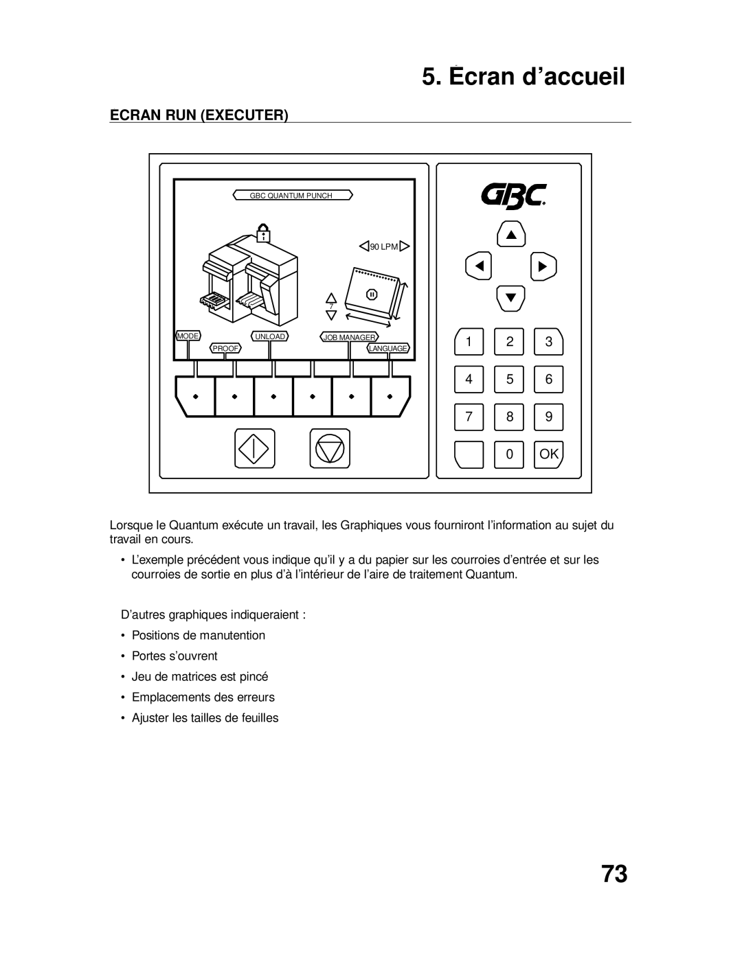 GBC P70IX manuel dutilisation Écran RUN Exécuter 