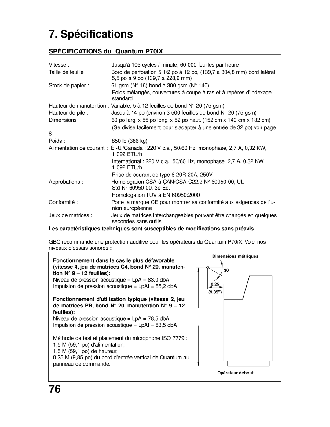 GBC P70IX manuel dutilisation Spécifications du Quantum P70iX 