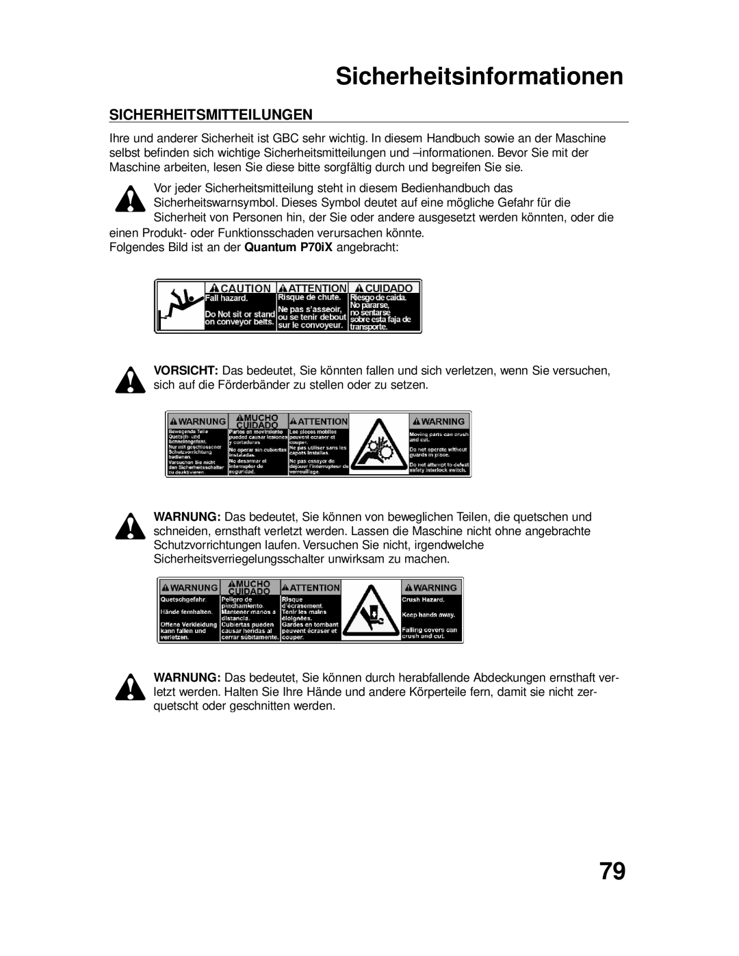 GBC P70IX manuel dutilisation Sicherheitsinformationen, Sicherheitsmitteilungen 