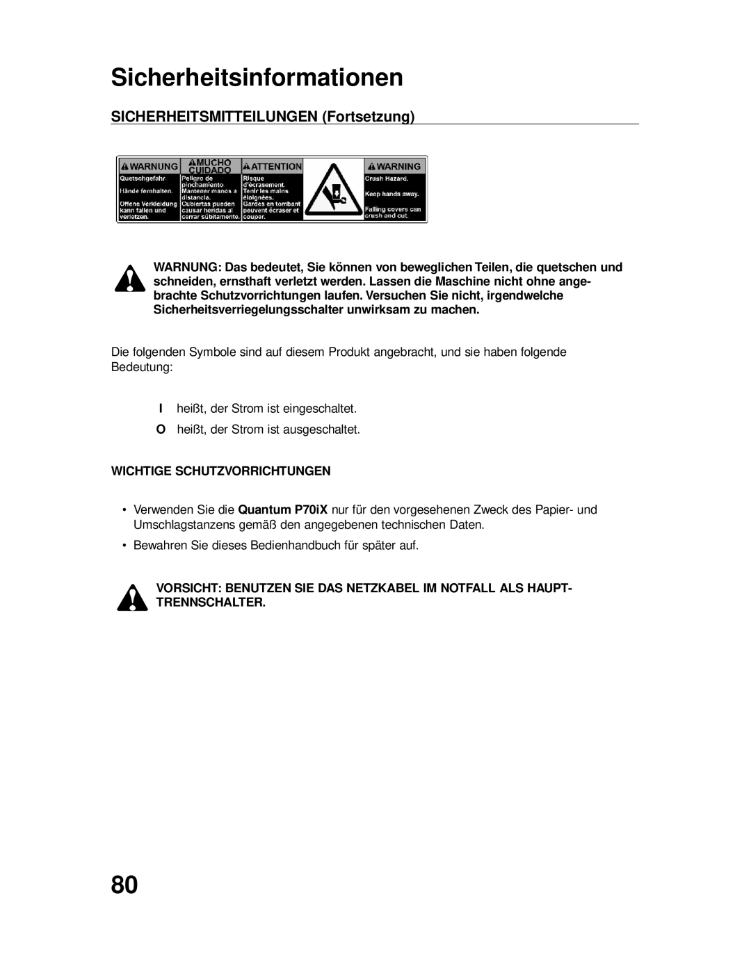 GBC P70IX manuel dutilisation Sicherheitsmitteilungen Fortsetzung, Wichtige Schutzvorrichtungen 