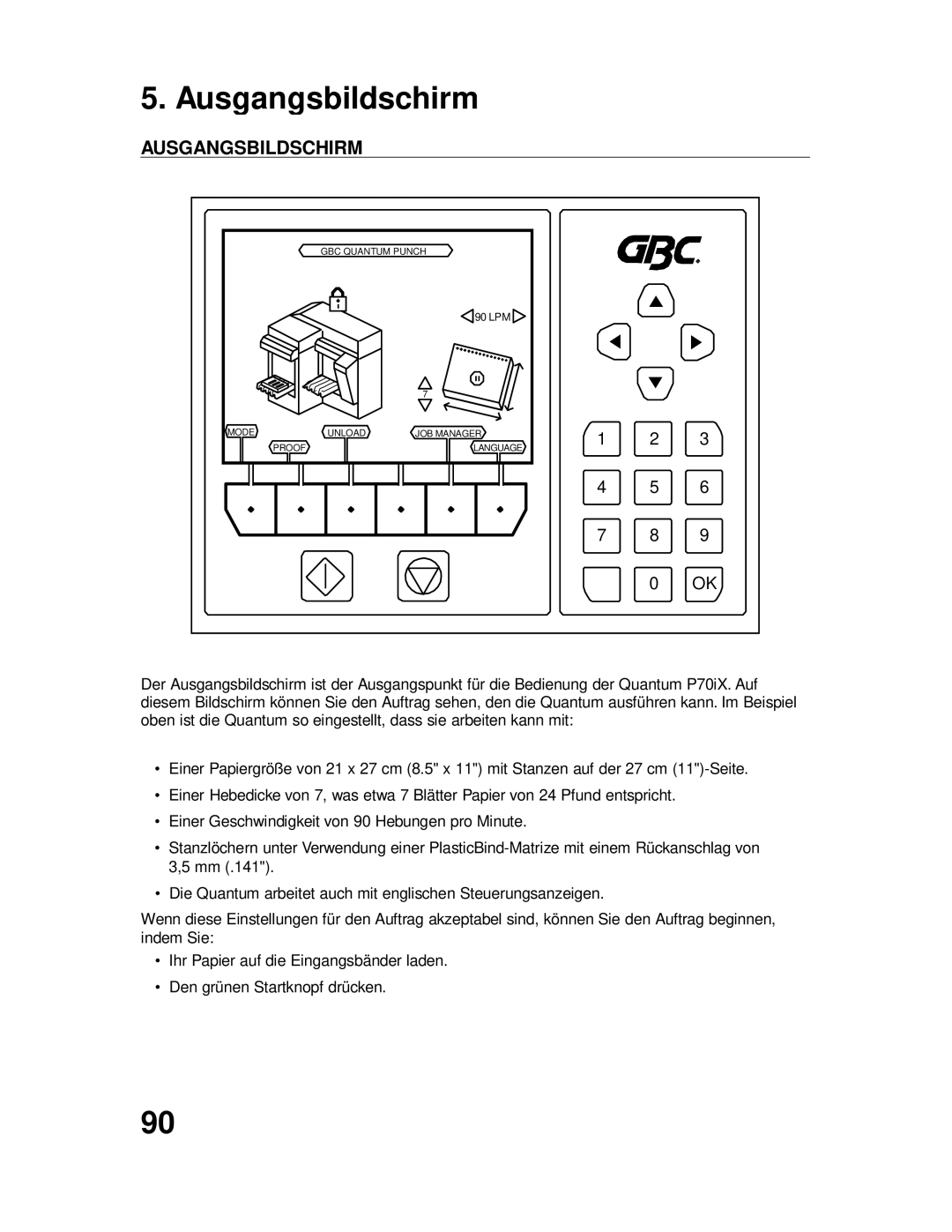 GBC P70IX manuel dutilisation Ausgangsbildschirm 