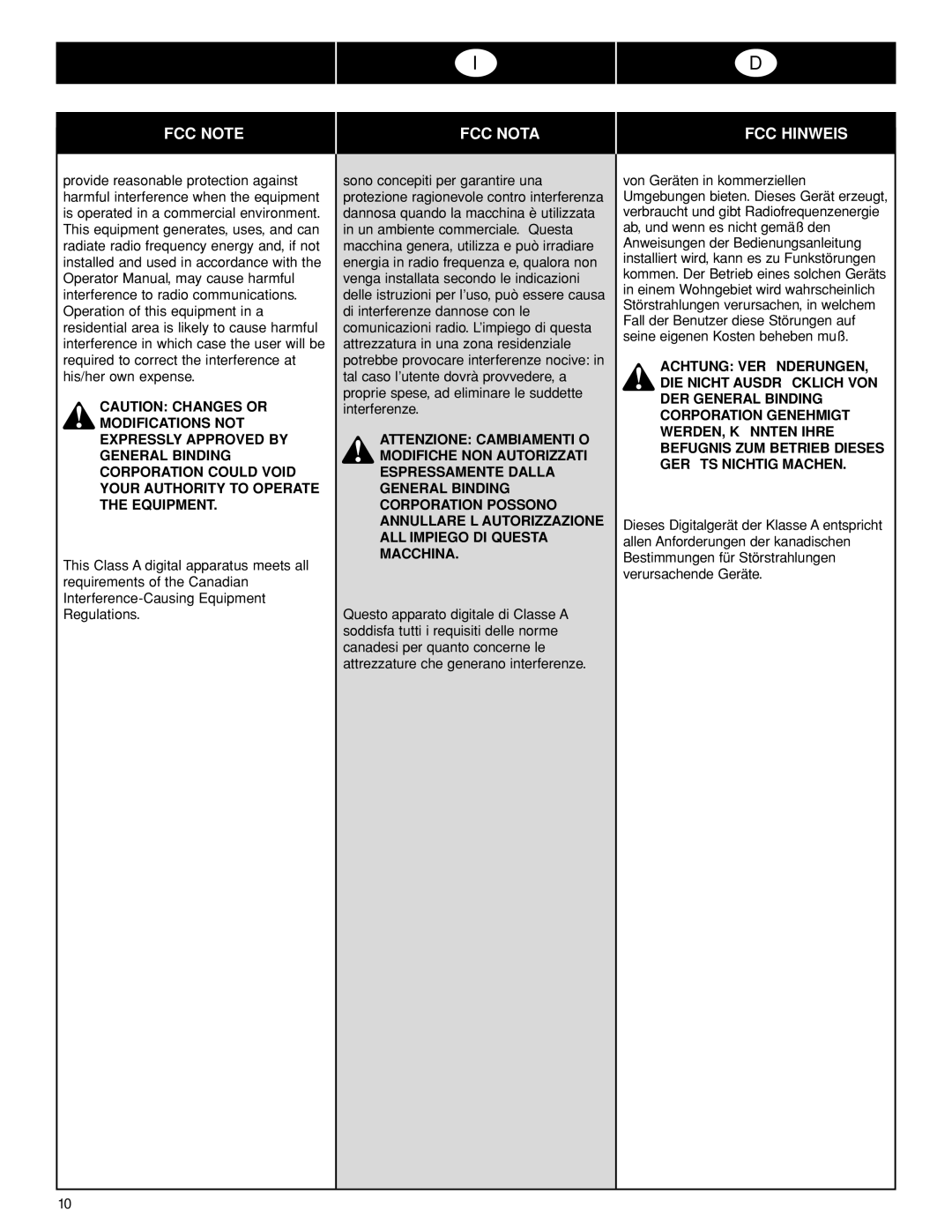 GBC PB2600 operating instructions FCC Note FCC Nota FCC Hinweis 