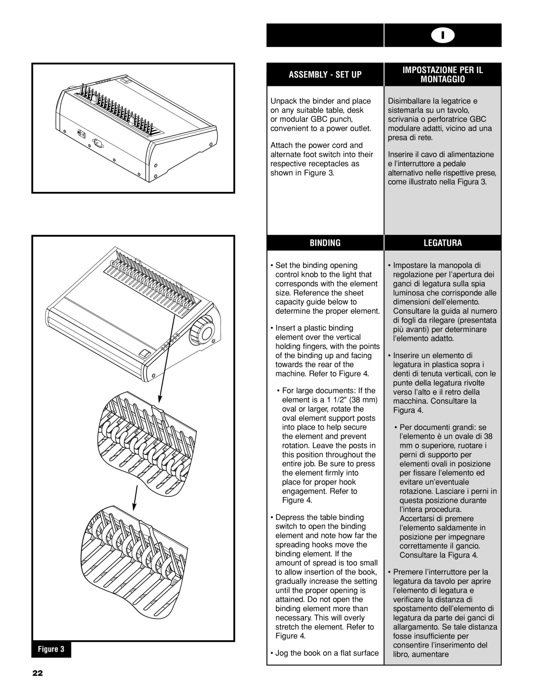 GBC PB2600 operating instructions Assembly SET UP, Impostazione PER IL Montaggio, Binding Legatura 