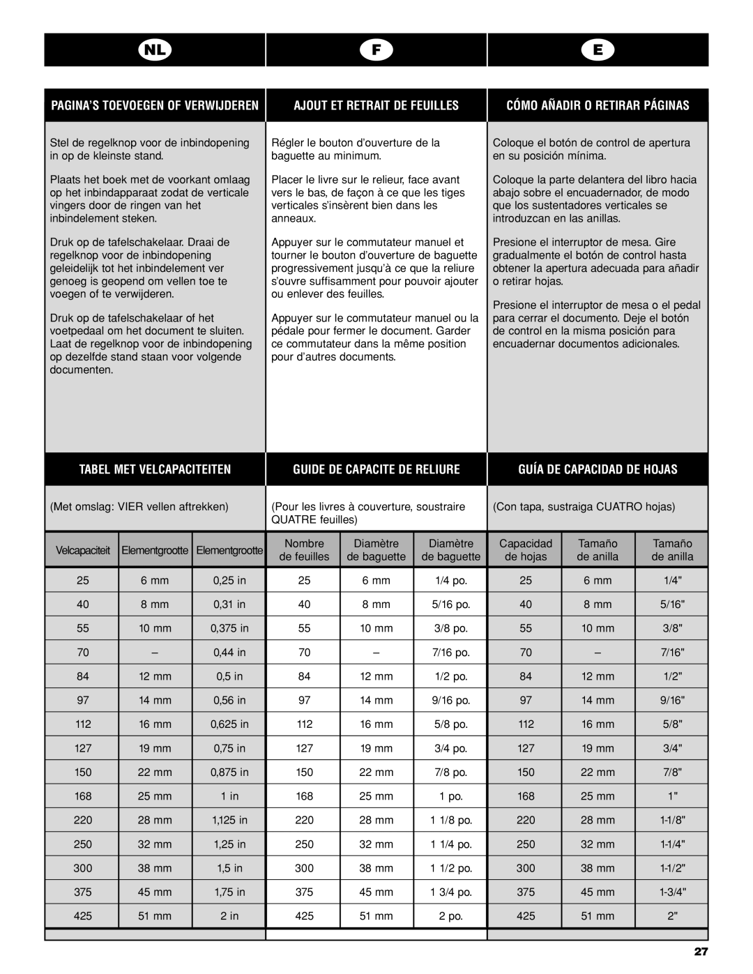 GBC PB2600 operating instructions Ajout ET Retrait DE Feuilles, Cómo Añadir O Retirar Páginas, Tamaño, De anilla 