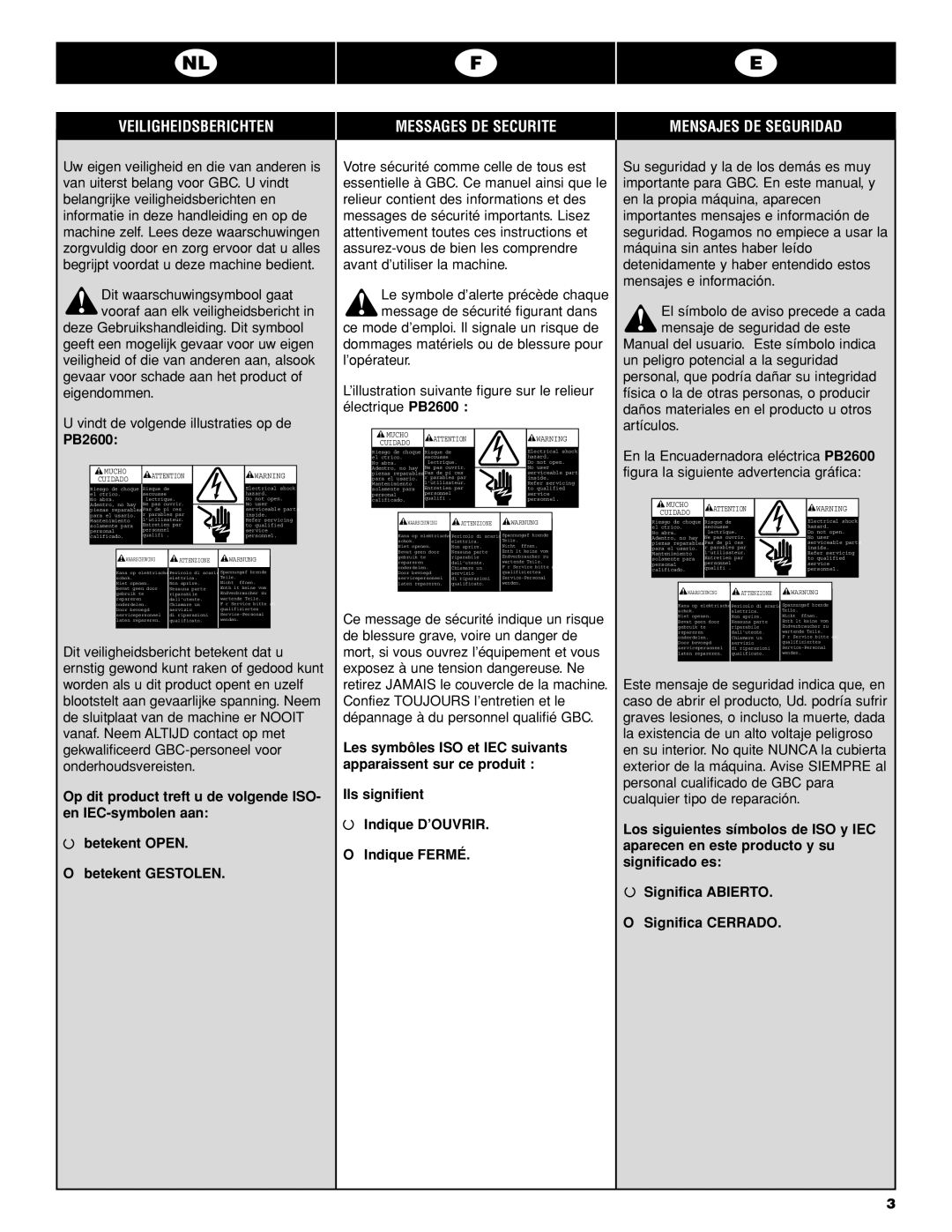 GBC PB2600 operating instructions Veiligheidsberichten Messages DE Securite, Mensajes DE Seguridad 