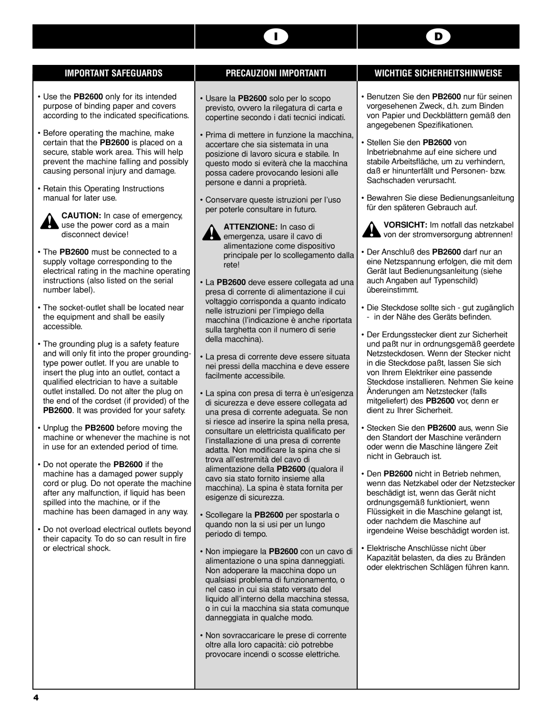 GBC PB2600 operating instructions 