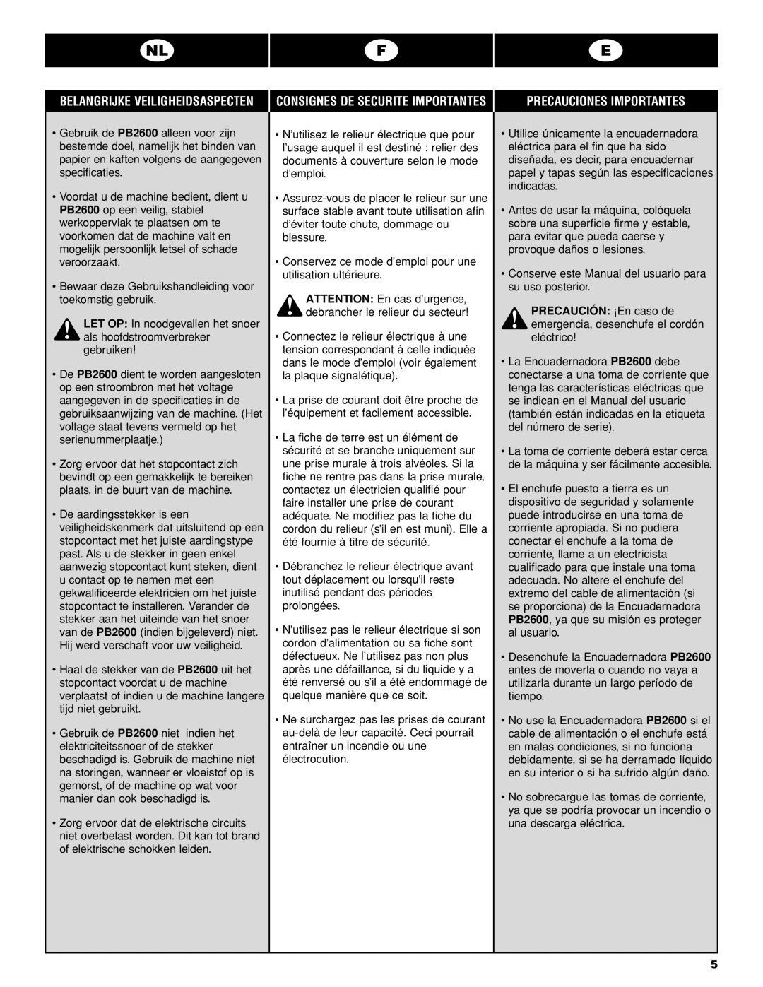 GBC PB2600 operating instructions Consignes DE Securite Importantes Precauciones Importantes 