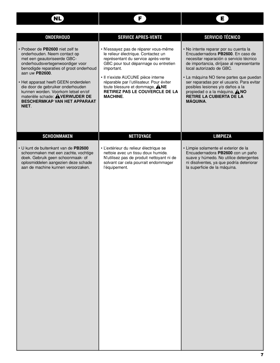 GBC PB2600 operating instructions Onderhoud Service APRES-VENTE Servicio Técnico, Schoonmaken, Nettoyage, Limpieza 