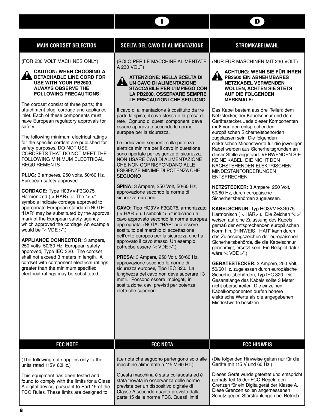 GBC PB2600 operating instructions FCC Note FCC Nota FCC Hinweis, Following note applies only to the units rated 115V 60Hz 