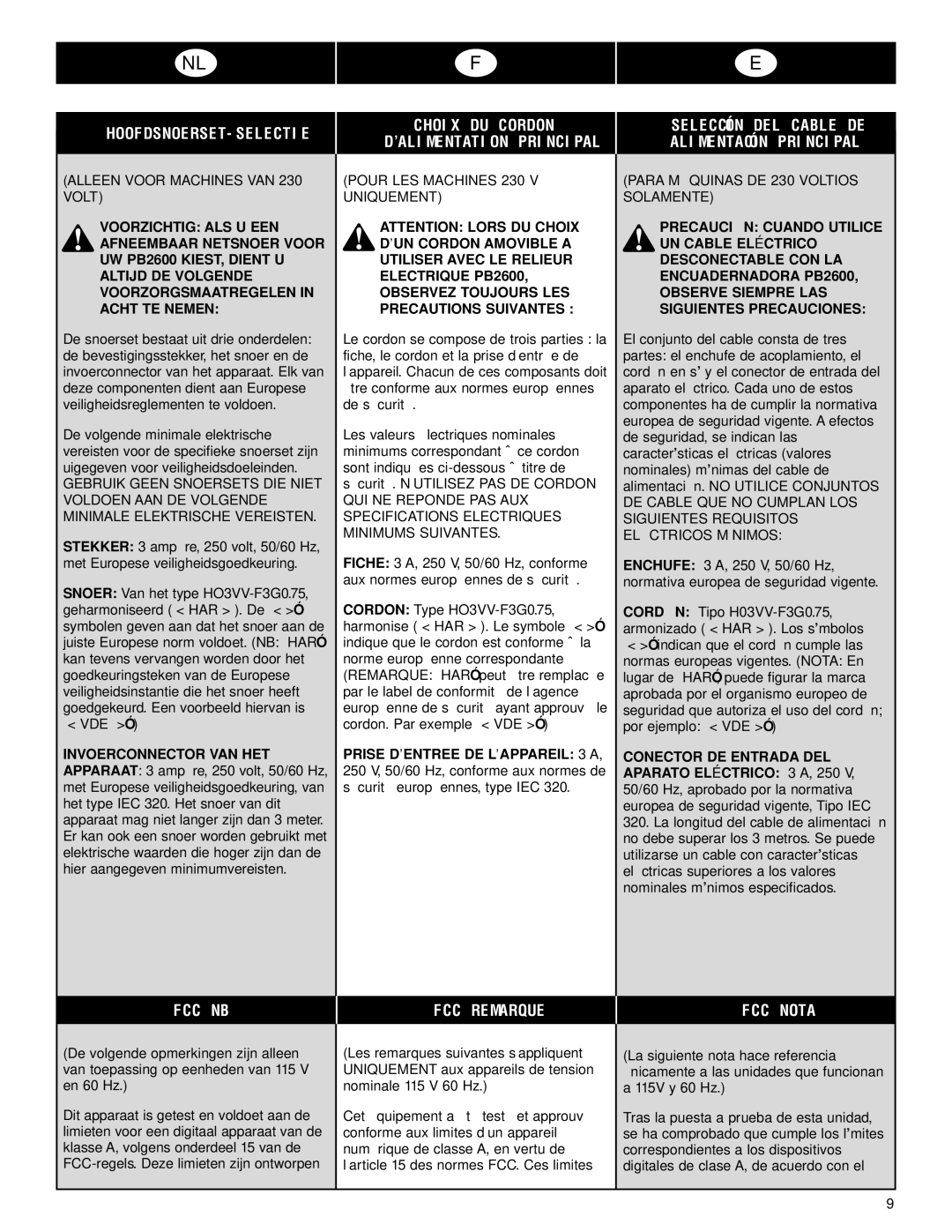 GBC PB2600 Hoofdsnoerset-Selectie, Choix DU Cordon ’ALIMENTATION Principal, Selección DEL Cable DE Alimentación Principal 