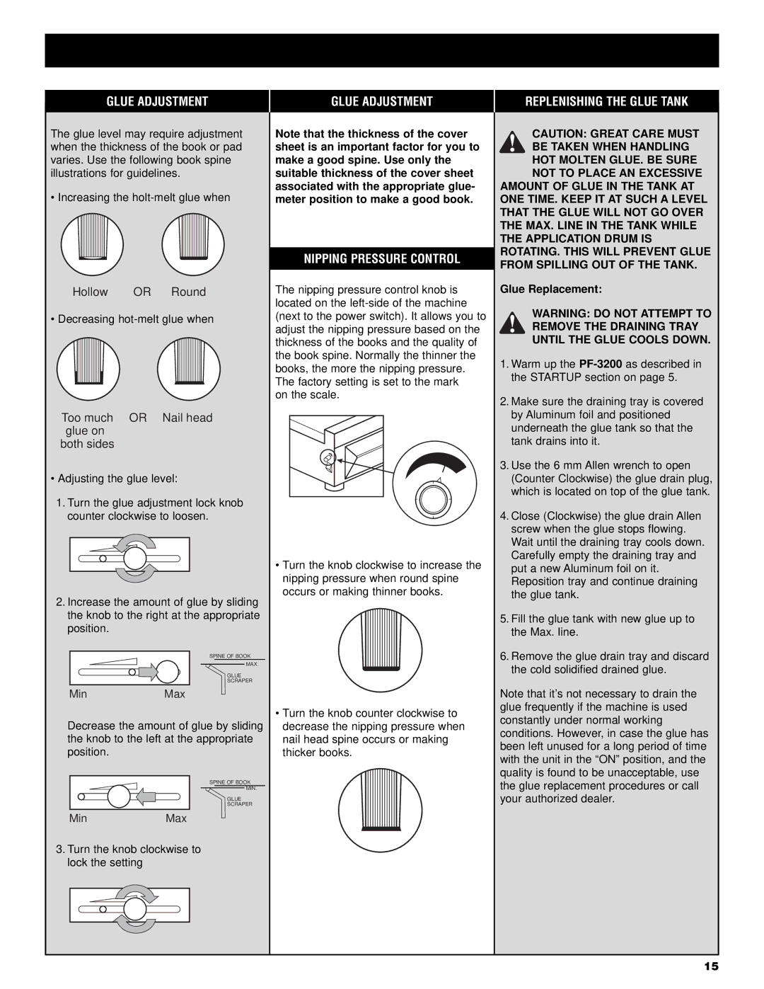 GBC PF3200 operation manual Glue Adjustment Replenishing the Glue Tank, Nipping Pressure Control, Glue Replacement 