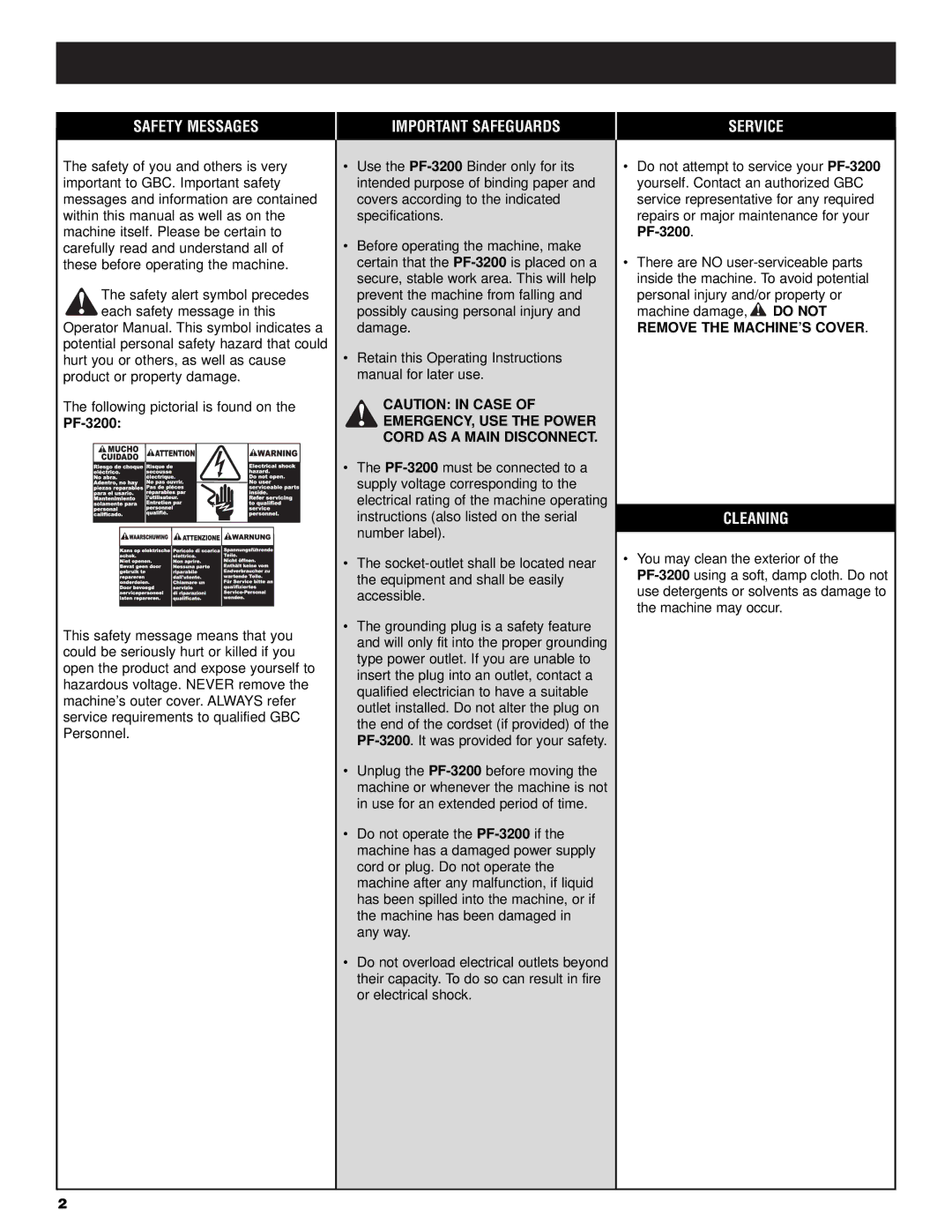 GBC PF3200 operation manual Safety Messages Important Safeguards Service, Cleaning, PF-3200 