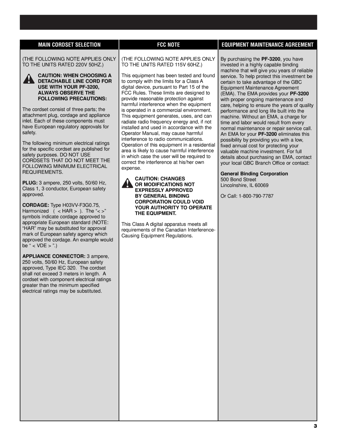 GBC PF3200 operation manual Always Observe the Following Precautions, General Binding Corporation 