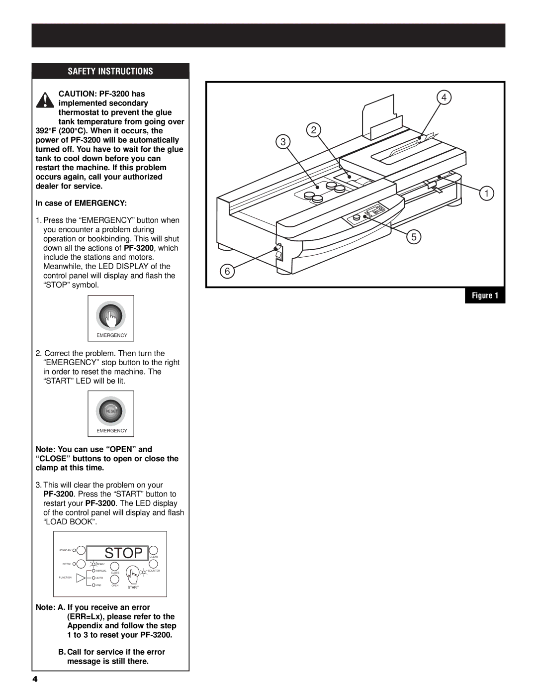 GBC PF3200 operation manual Stop, Safety Instructions, Call for service if the error message is still there 