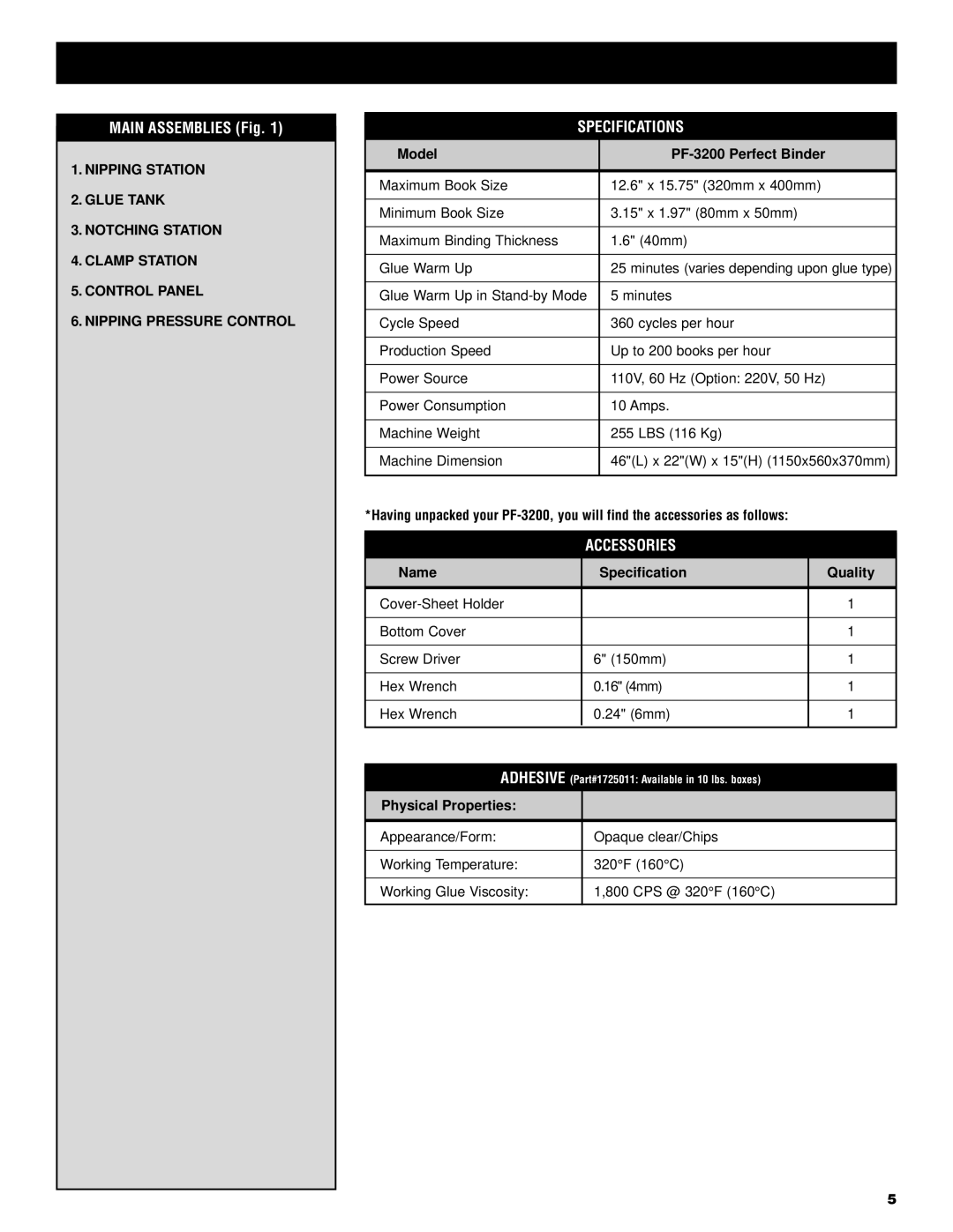 GBC PF3200 Specifications, Accessories, Model PF-3200 Perfect Binder, Name Specification Quality, Physical Properties 