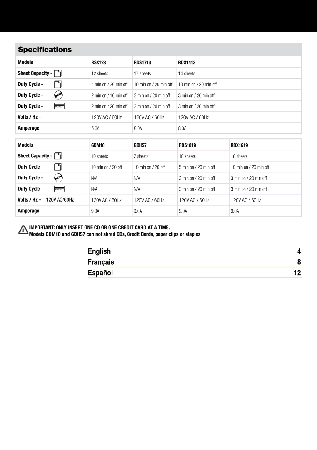 GBC RDS1713, RDX1413, RDX1619, RDS1819, GDM10, GDHS7, RSX128 instruction manual Specifications, English Français Español 