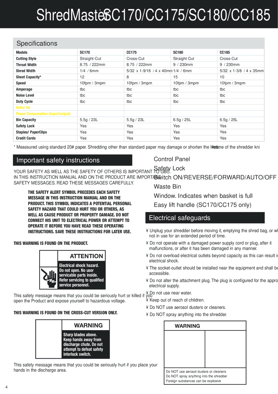 GBC SC180, CC185, CC175, SC170 Specifications, Important safety instructions, Electrical safeguards, Volts/ Hz 