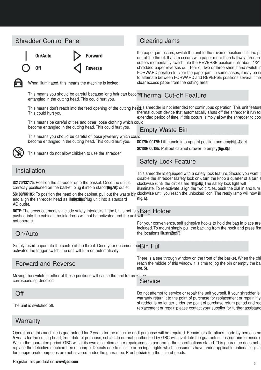 GBC CC185 Shredder Control Panel, Installation, On/Auto, Forward and Reverse, Off, Warranty, Clearing Jams, Bag Holder 