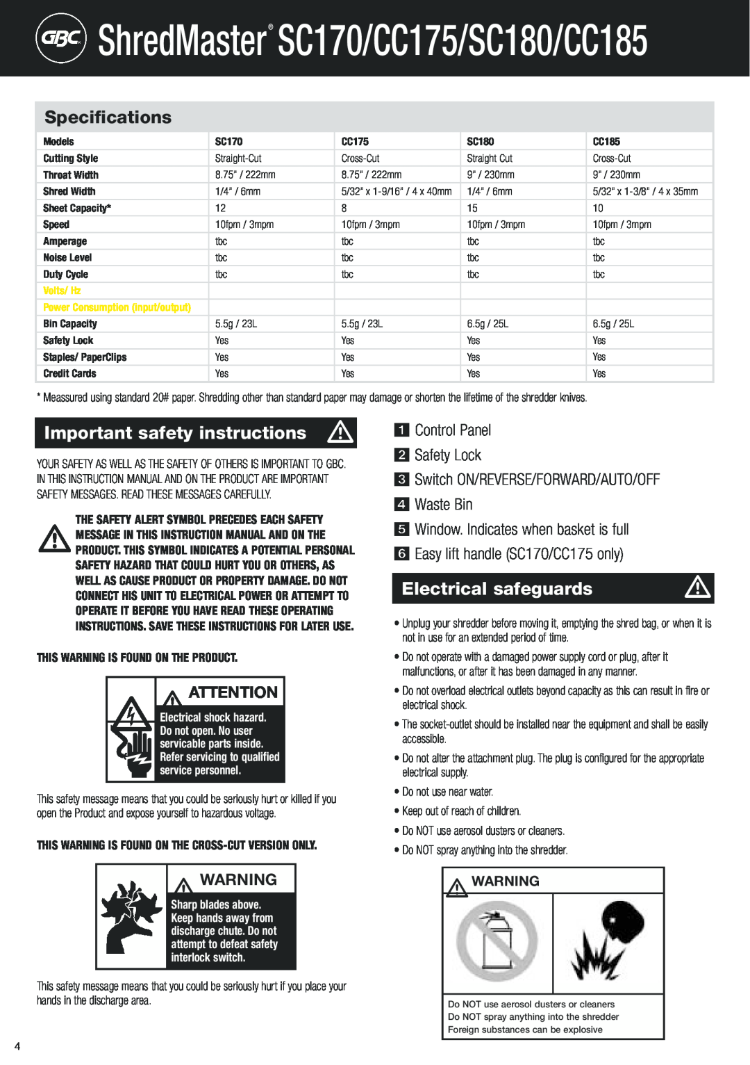 GBC ShredMaster SC170/CC175/SC180/CC185, Important safety instructions, Electrical safeguards, service personnel 