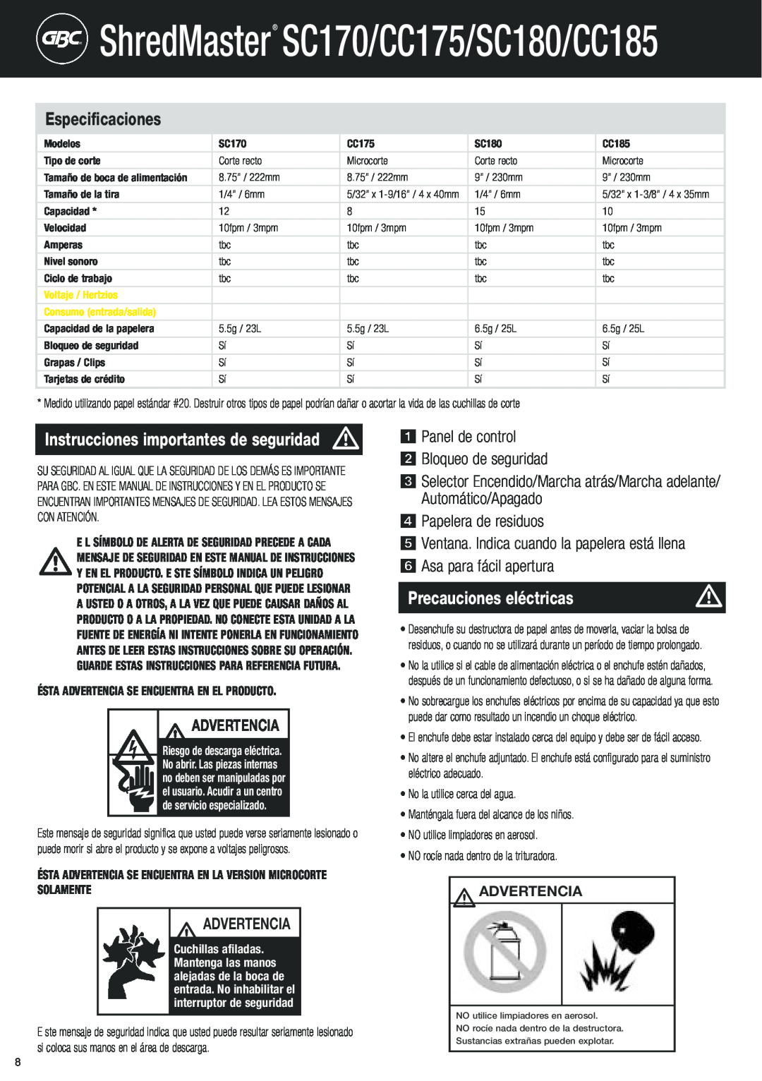 GBC Precauciones eléctricas, ShredMaster SC170/CC175/SC180/CC185, Instrucciones importantes de seguridad, Advertencia 