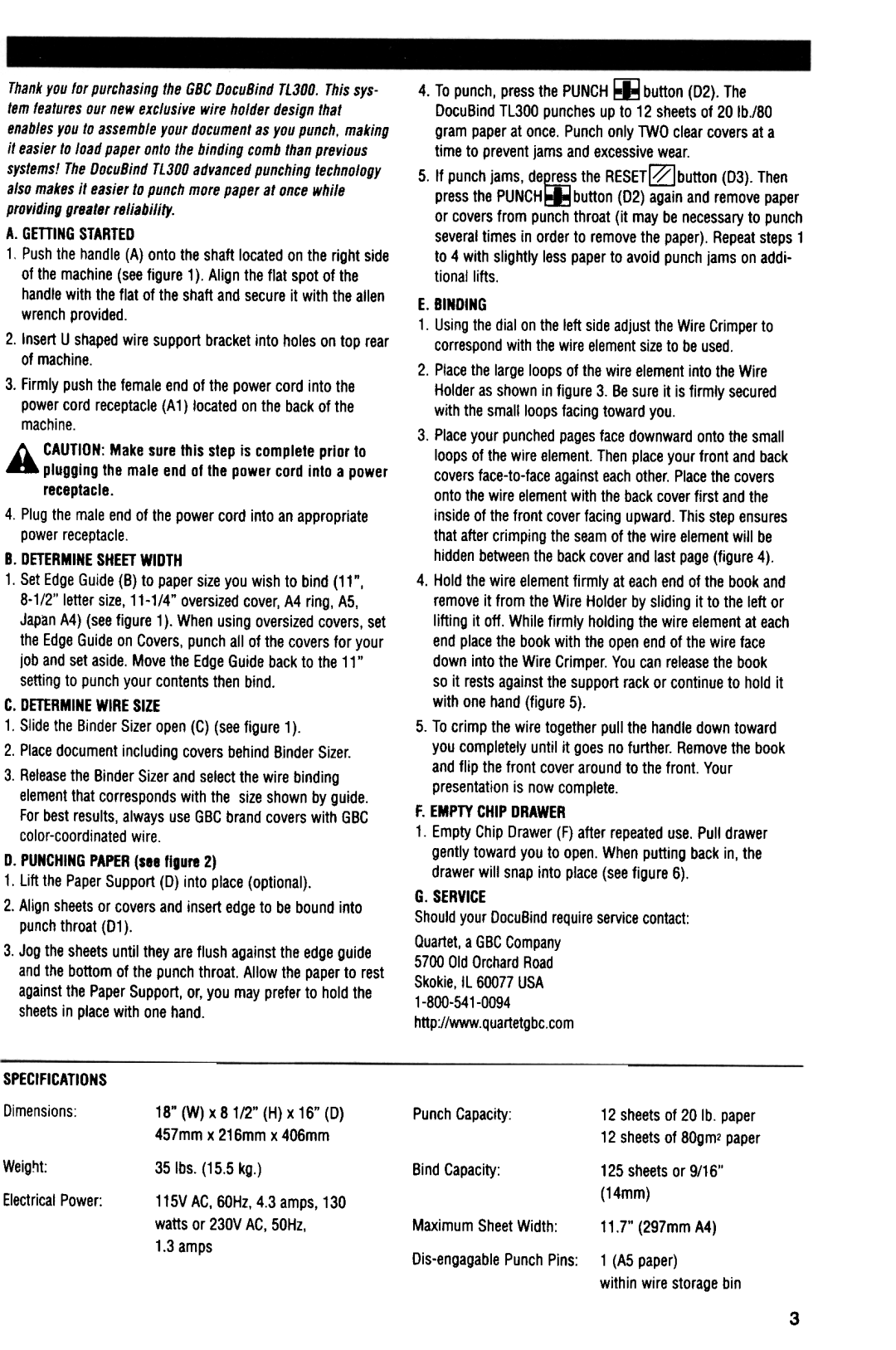 GBC TL300 operating instructions Determinesheetwidth, Binding, Emptychipdrawer, Service, Specifications 