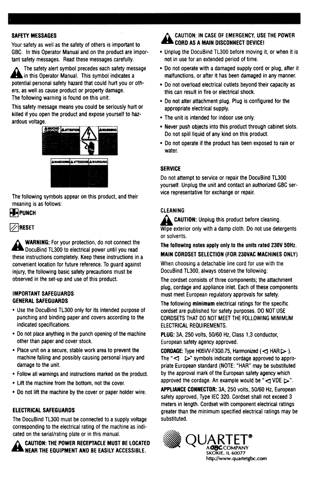 GBC TL300 Safetymessages, ~Punch ~Reset, Importantsafeguards Generalsafeguards, Electricalsafeguards, Cleaning 