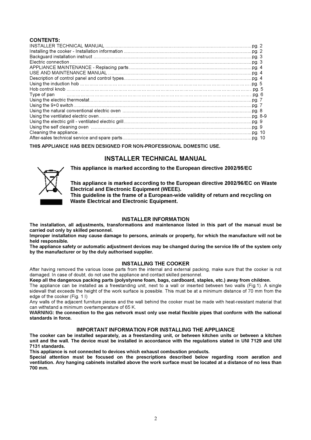 GBC type m6 Contents, Installer Information, Installing the Cooker, Important Information for Installing the Appliance 