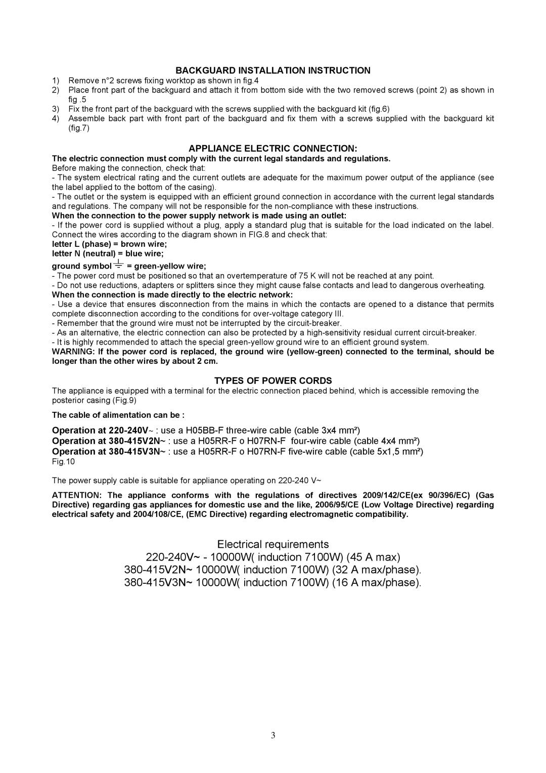 GBC type m6 manual Backguard Installation Instruction, Appliance Electric Connection, Types of Power Cords 