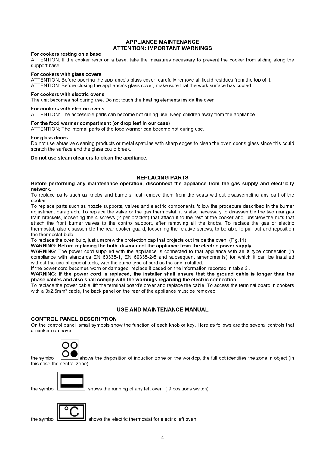 GBC type m6 manual Appliance Maintenance, Replacing Parts, USE and Maintenance Manual Control Panel Description 