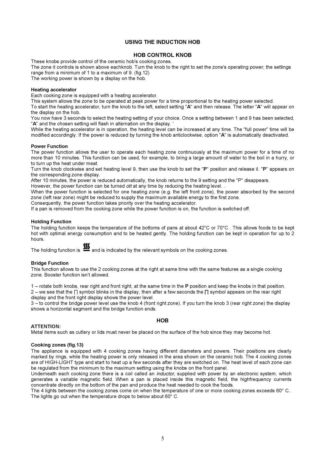 GBC type m6 manual Using the Induction HOB HOB Control Knob, Hob 