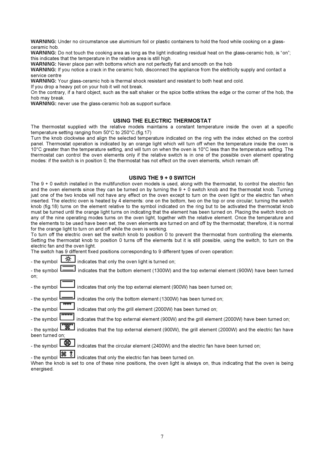 GBC type m6 manual Using the Electric Thermostat, Using the 9 + 0 Switch 