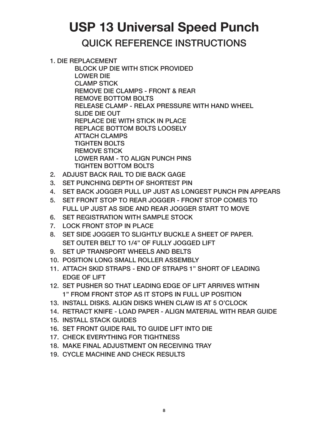 GBC manual USP 13 Universal Speed Punch, Quick Reference Instructions 