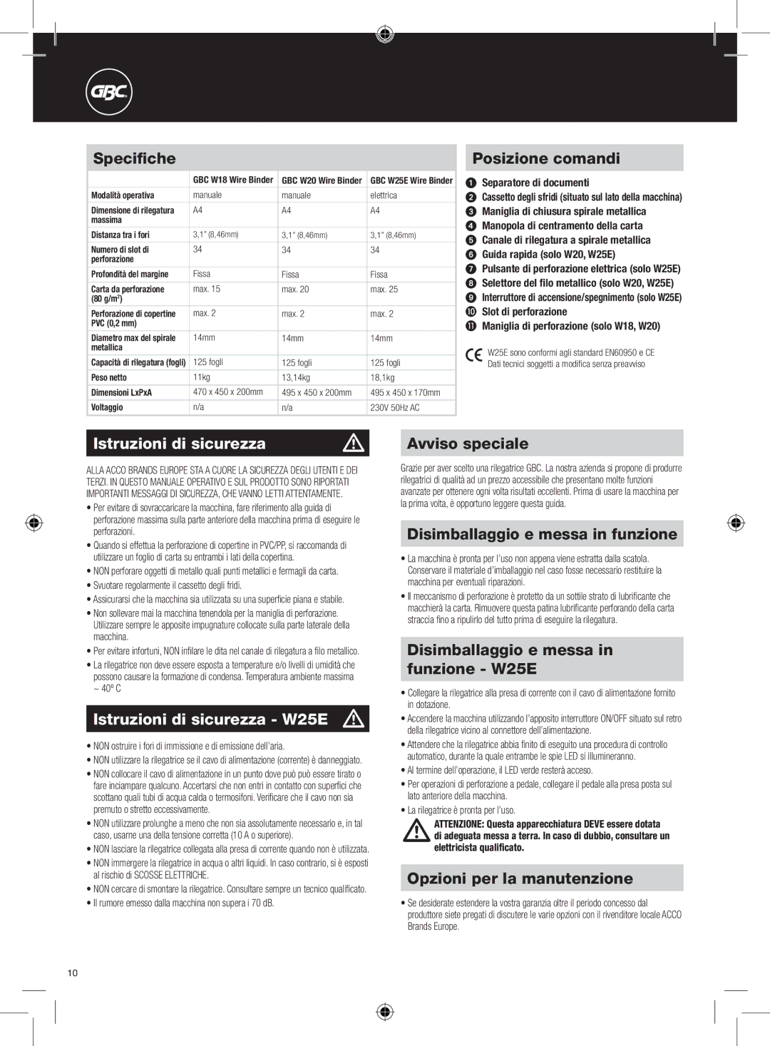 GBC W18 instruction manual Istruzioni di sicurezza W25E m 