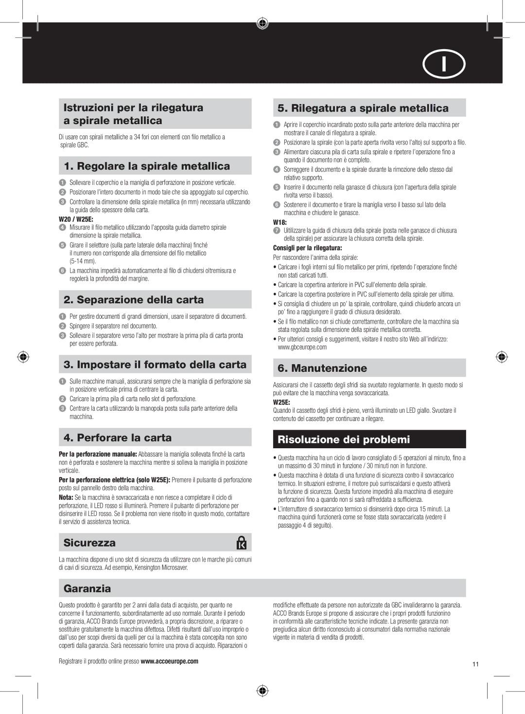 GBC W18 instruction manual Risoluzione dei problemi 