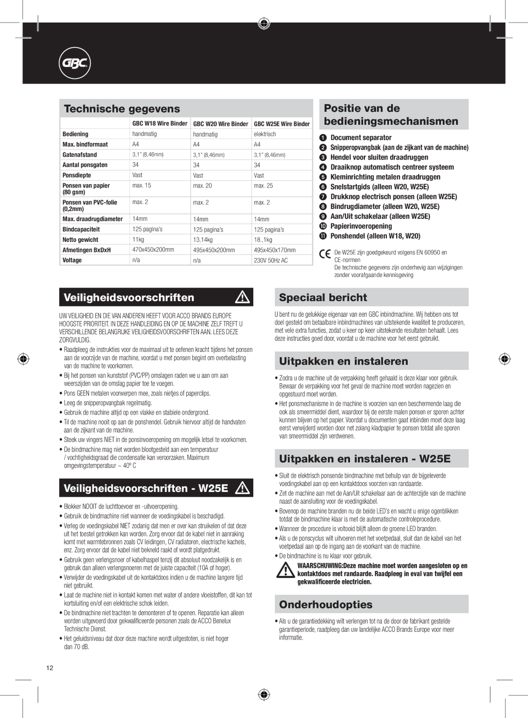 GBC W18 instruction manual Veiligheidsvoorschriften m, Veiligheidsvoorschriften W25E m 