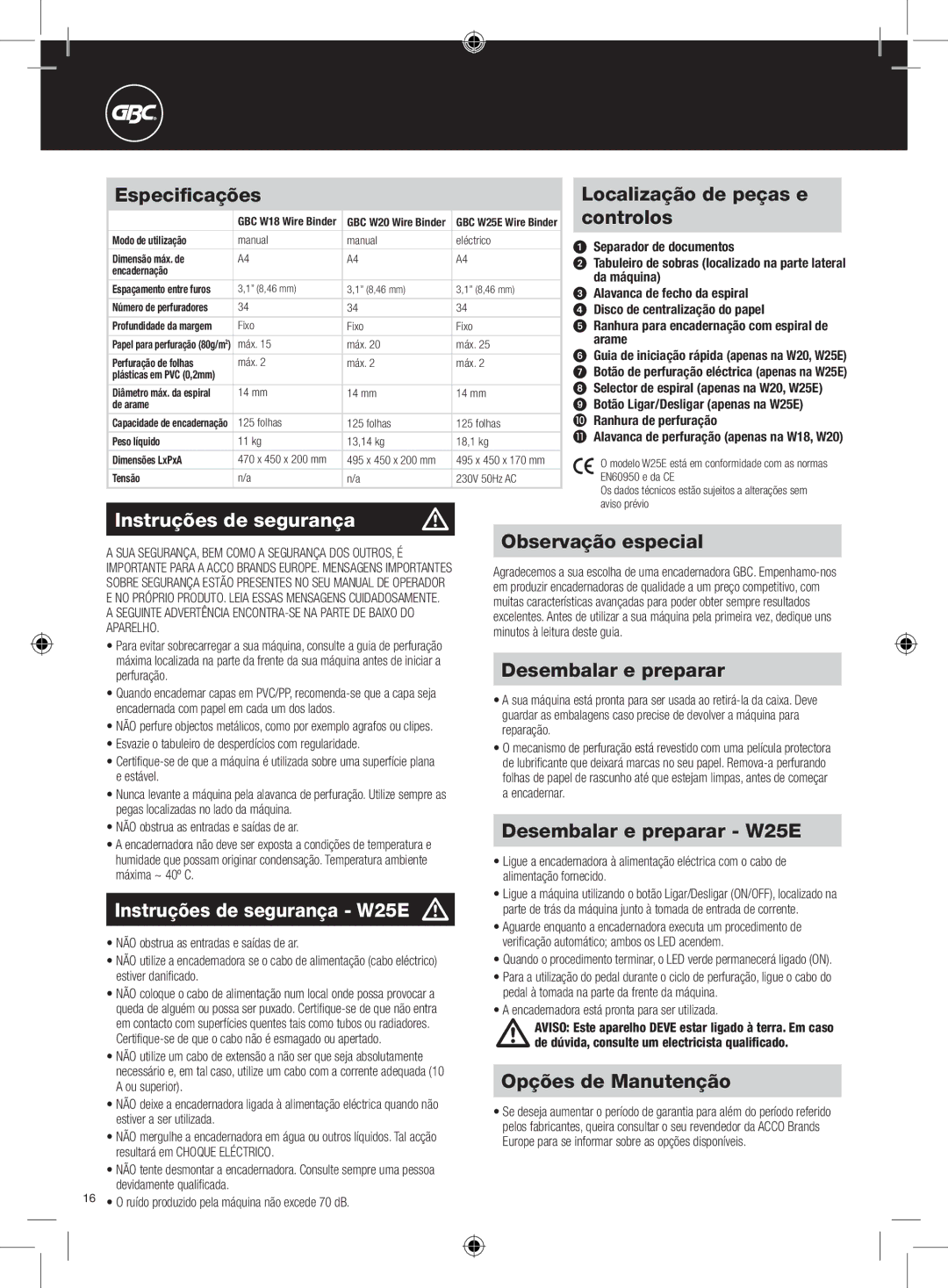 GBC W18 instruction manual Instruções de segurança W25E m 