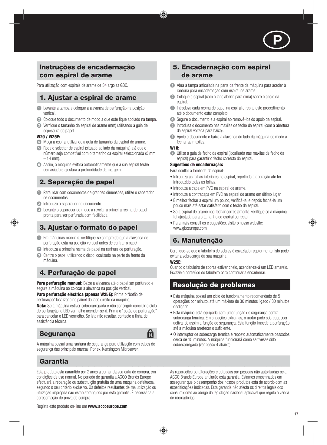 GBC W18 instruction manual Resolução de problemas 