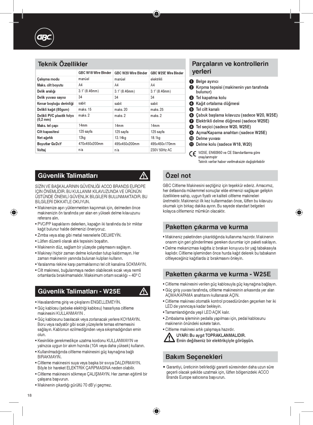 GBC W18 instruction manual Güvenlik Talimatları W25E 